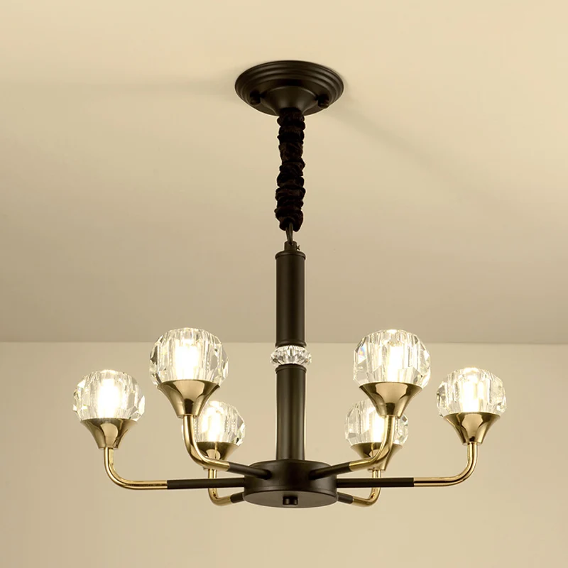 6/8 Heads Living Room Suspension Lamp Modern Ebbenhout and Gold Chandelier Light Fixture Ball Crystal Shade Black