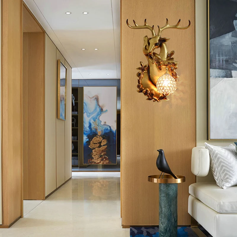 Helder Crystal Shade Wall Mounted Light Loft Style 1 Light Sconce Lighting Deer Head Blue/Gold Finish Yellow
