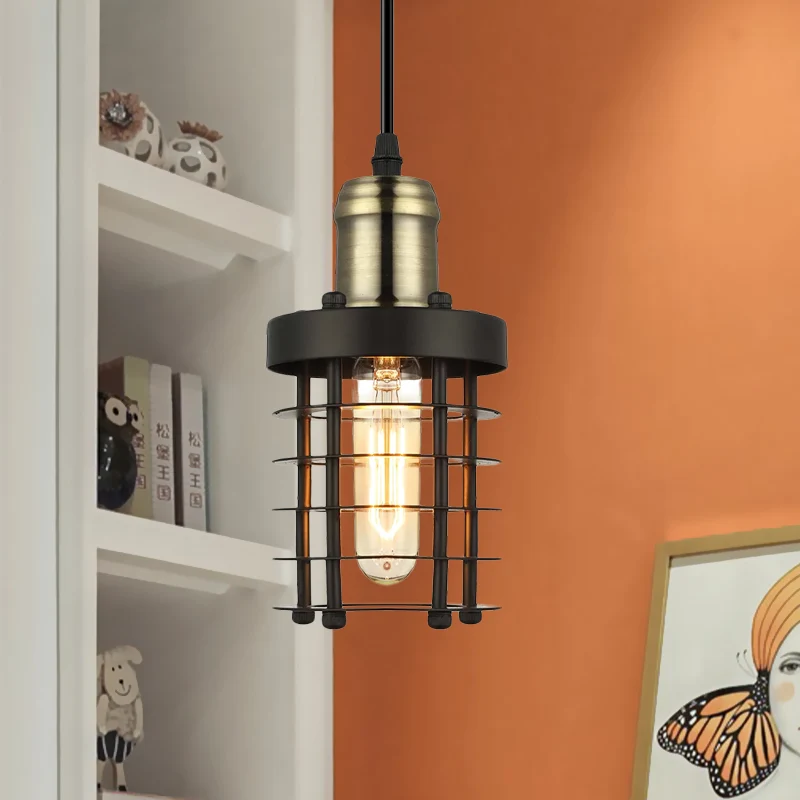 Iron Cylindrical Ceiling Fixture Retro Industrial 1 Head Living Room Hanging Lamp Wire Cage Shade Copper/Aged Geel koper C...