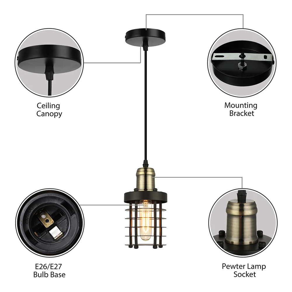 Iron Cylindrical Ceiling Fixture Retro Industrial 1 Head Living Room Hanging Lamp Wire Cage Shade Copper/Aged Geel koper C...