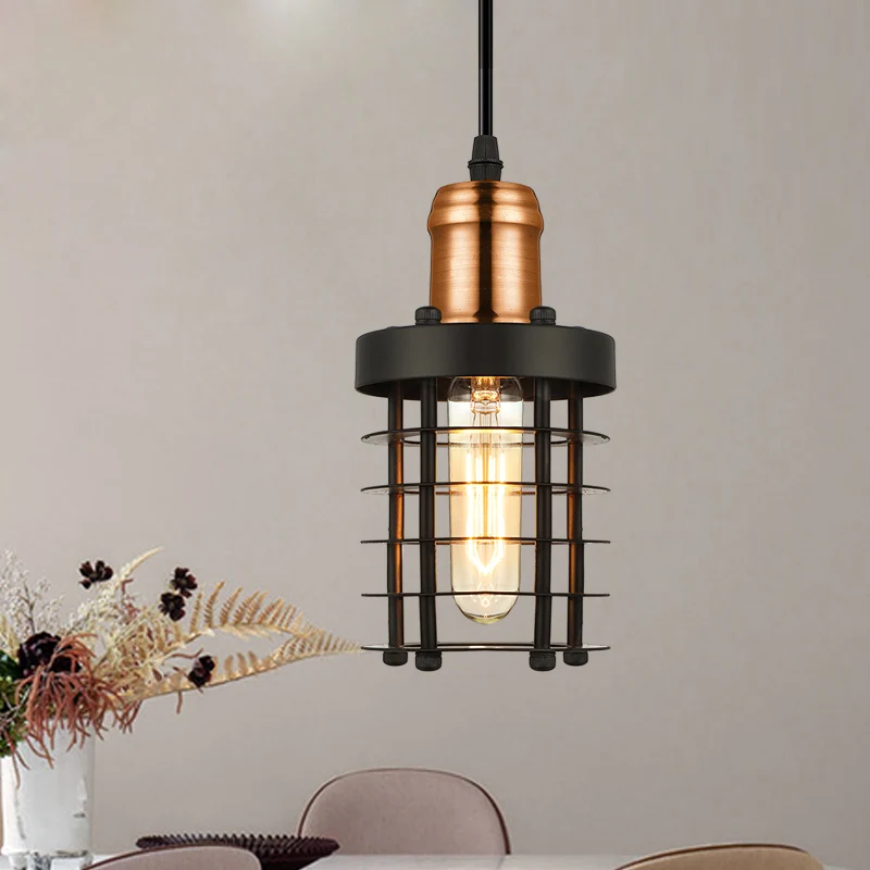Iron Cylindrical Ceiling Fixture Retro Industrial 1 Head Living Room Hanging Lamp Wire Cage Shade Copper/Aged Geel koper C...