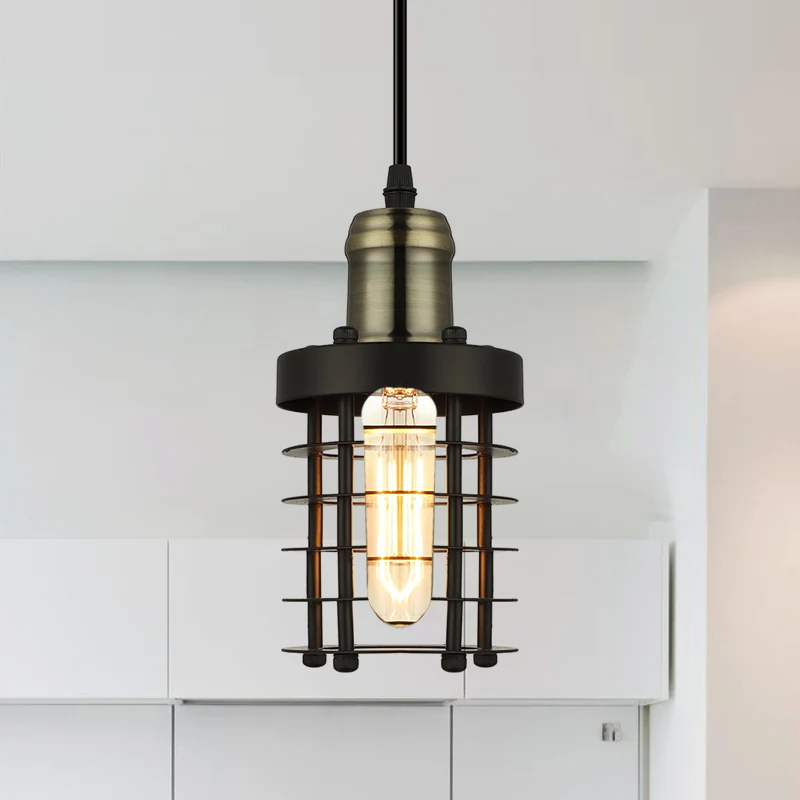 Iron Cylindrical Ceiling Fixture Retro Industrial 1 Head Living Room Hanging Lamp Wire Cage Shade Copper/Aged Geel koper C...