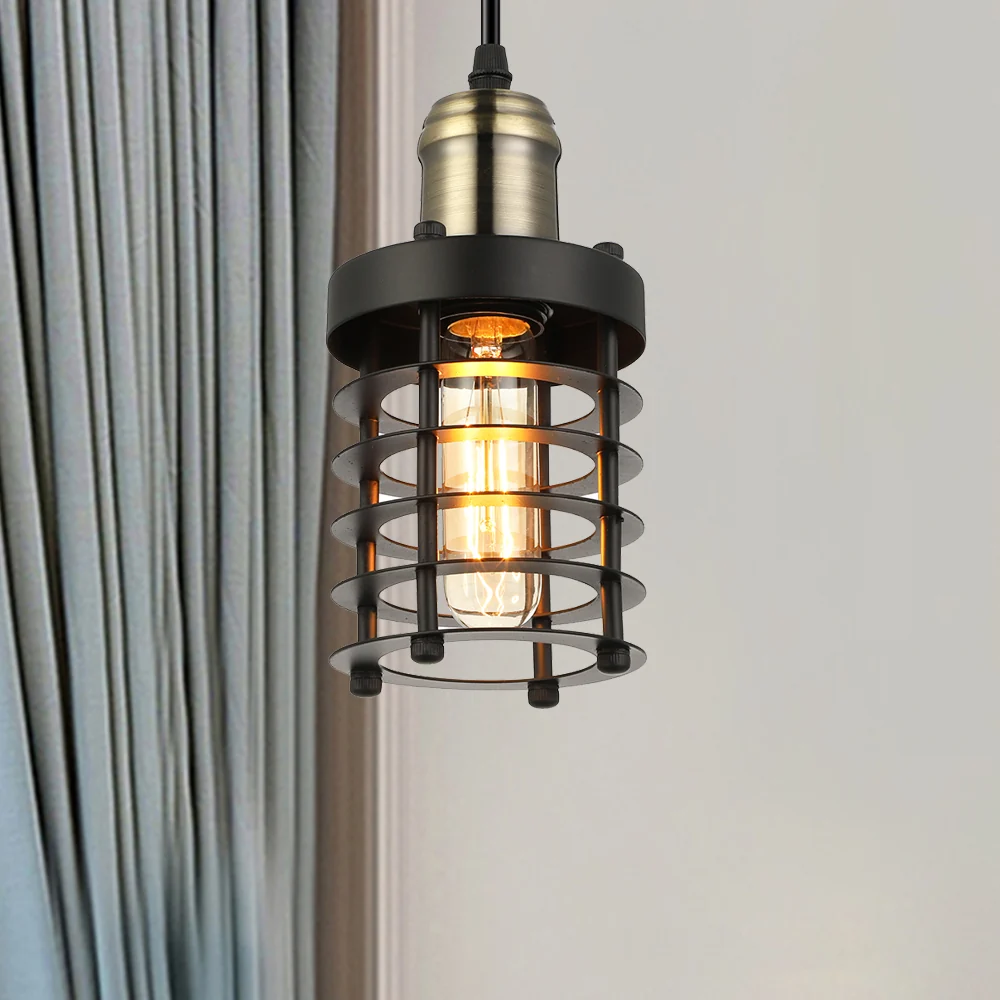 Iron Cylindrical Ceiling Fixture Retro Industrial 1 Head Living Room Hanging Lamp Wire Cage Shade Copper/Aged Geel koper C...