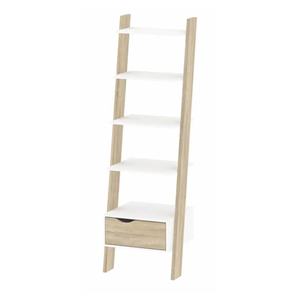 Ladder-shaped bookshelf 4 shelves and 1 drawer - White/Oak