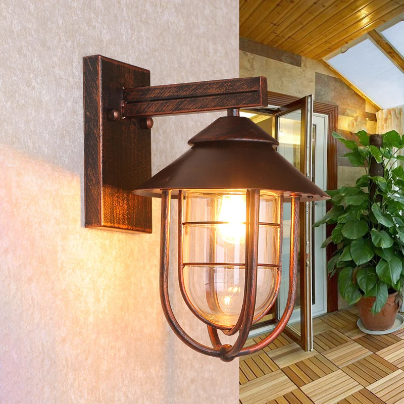 Lantern-Like Balcony Wall Sconce Warehouse Metal 1 Head Weathered Copper/Black Wall Lighting Fixture Oval Helder Glass Sha...