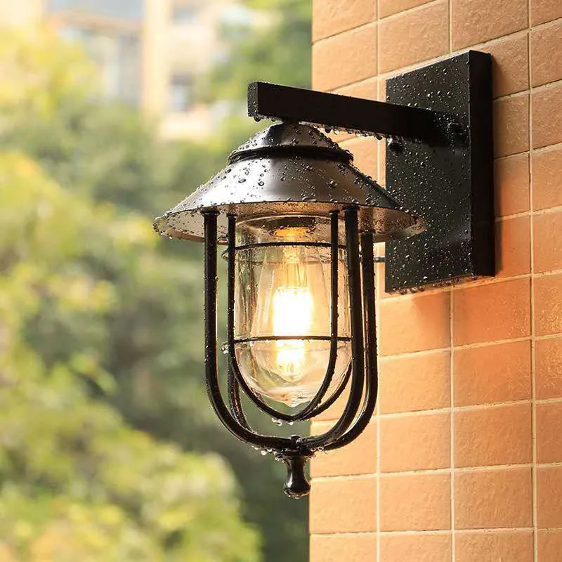 Lantern-Like Balcony Wall Sconce Warehouse Metal 1 Head Weathered Copper/Black Wall Lighting Fixture Oval Helder Glass Sha...