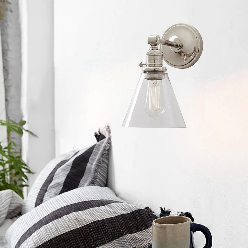 1 Light Helder Glass Wall Sconce Light Industrial Black/Chrome Cone Shade Living Room Lighting Fixture Black