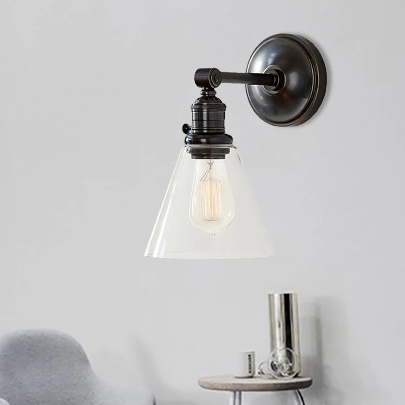 1 Light Helder Glass Wall Sconce Light Industrial Black/Chrome Cone Shade Living Room Lighting Fixture Black