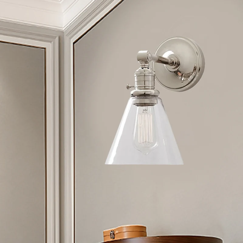 1 Light Helder Glass Wall Sconce Light Industrial Black/Chrome Cone Shade Living Room Lighting Fixture Black