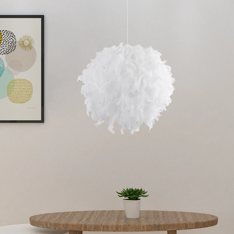 3/4 Lights Bedroom Ceiling Pendant Light Modernist Ivoor Chandelier Lamp Feather Ball Fabric Shade White