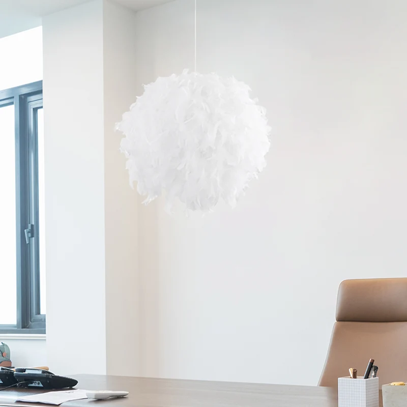 3/4 Lights Bedroom Ceiling Pendant Light Modernist Ivoor Chandelier Lamp Feather Ball Fabric Shade White
