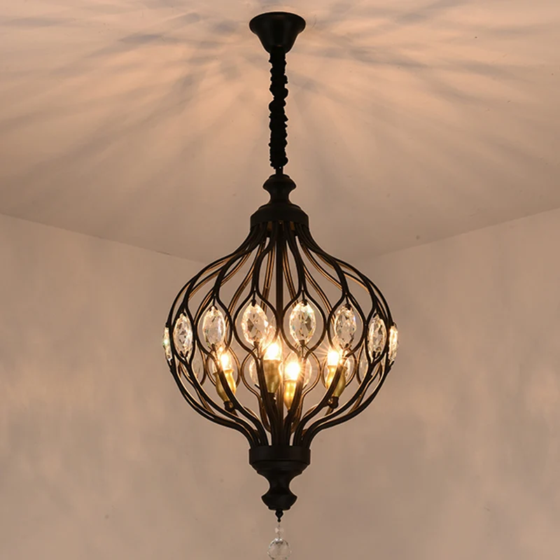 4/6 Lights Lantern Chandelier Contemporary Black/Gold Crystal Encrusted Hanging Lamp Kit Black