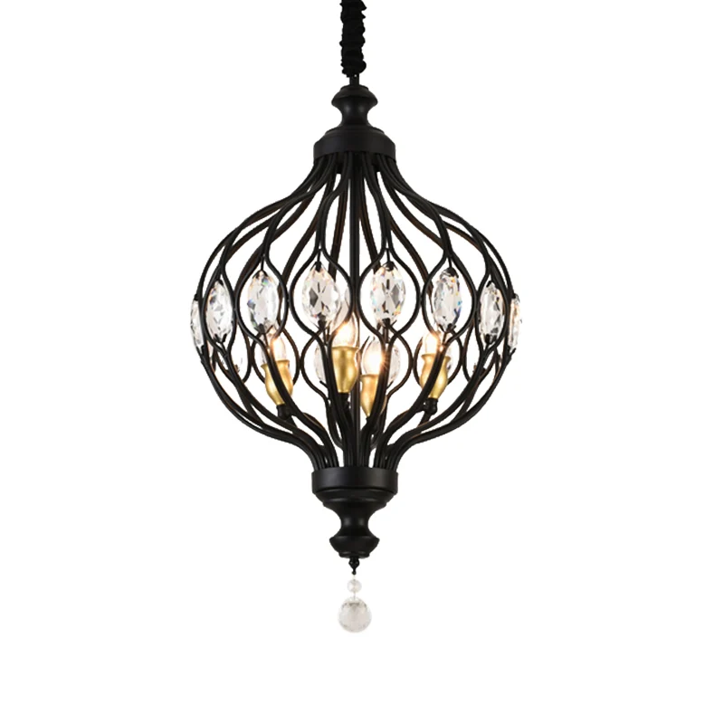 4/6 Lights Lantern Chandelier Contemporary Black/Gold Crystal Encrusted Hanging Lamp Kit Black