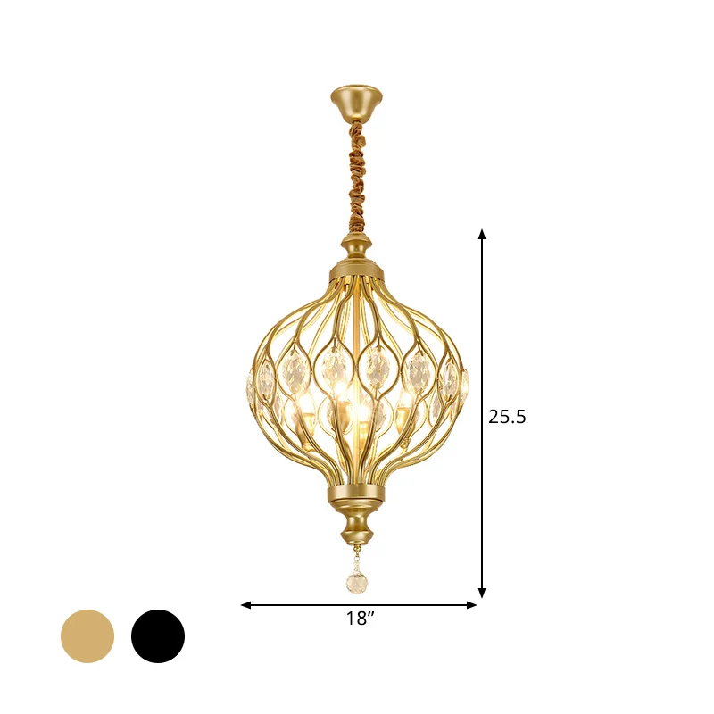 4/6 Lights Lantern Chandelier Contemporary Black/Gold Crystal Encrusted Hanging Lamp Kit Black