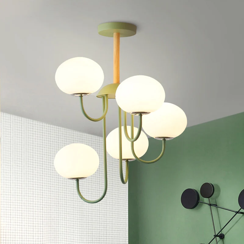 3/5 Lights Living Room Hanging Lamp Nordic Style Gray/Green Chandelier Light Fixture Dome White Glazen Shade Green