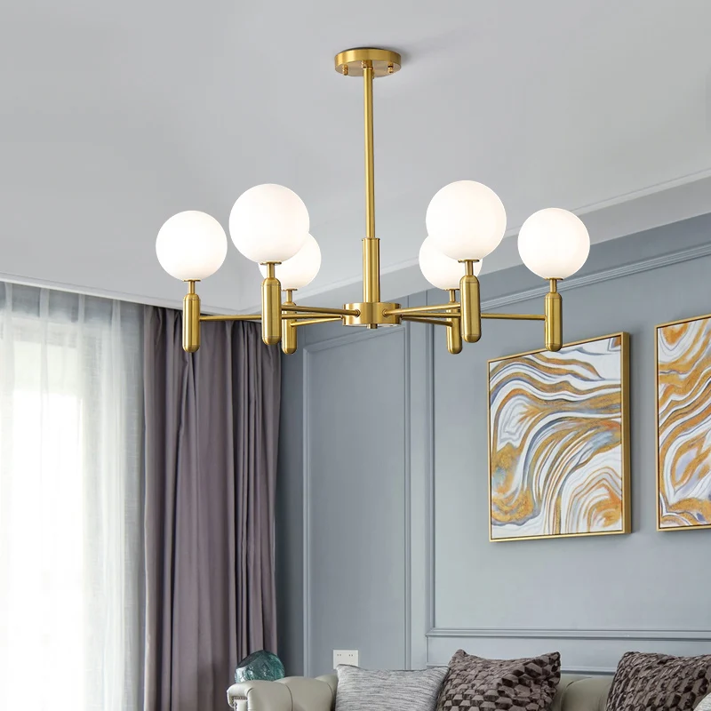 Living Room Ceiling Pendant Light Postmodern Messing Chandelier Ball Glass Shade Smoke