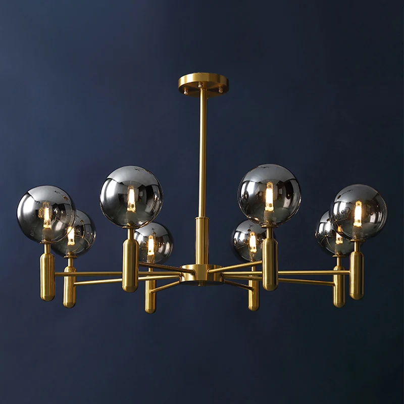 Living Room Ceiling Pendant Light Postmodern Messing Chandelier Ball Glass Shade Smoke