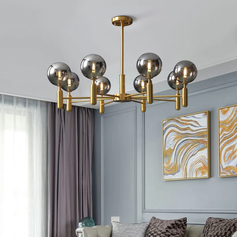 Living Room Ceiling Pendant Light Postmodern Messing Chandelier Ball Glass Shade Smoke