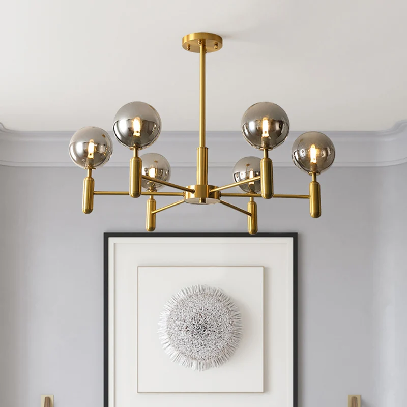 Living Room Ceiling Pendant Light Postmodern Messing Chandelier Ball Glass Shade Smoke