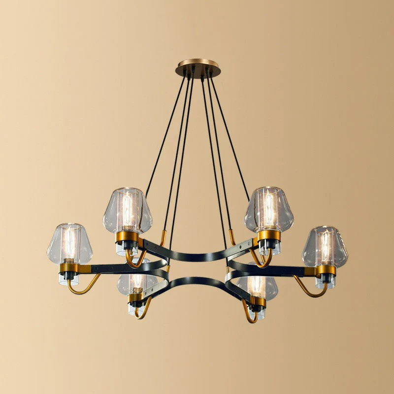 Living Room Chandelier Postmodern Black-Brass Hanging Light Cone Glazen Shade Smoke