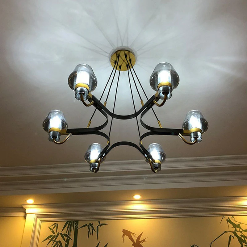 Living Room Chandelier Postmodern Black-Brass Hanging Light Cone Glazen Shade Smoke