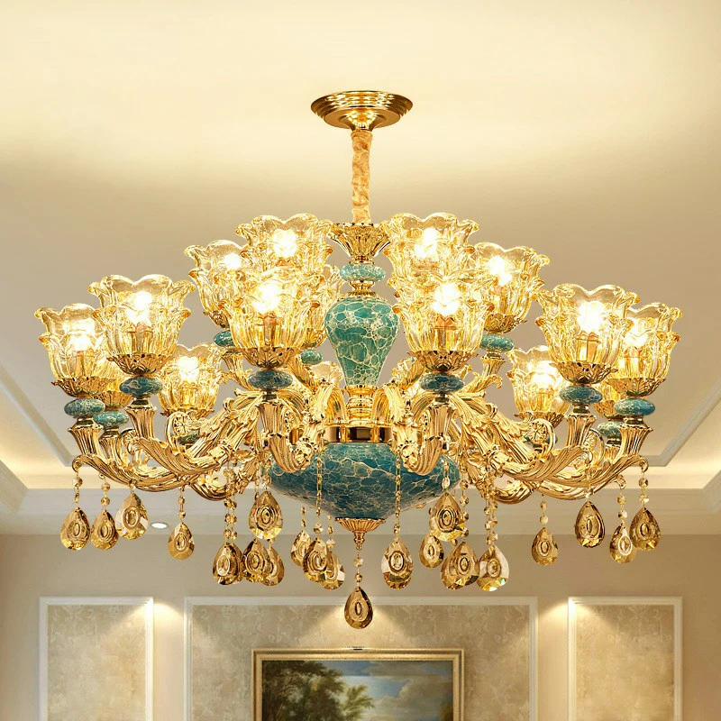 Luxurious Traditional Flower Up Chandelier Clear Glaswerk Suspension Light Blue Crystal Drops Blue