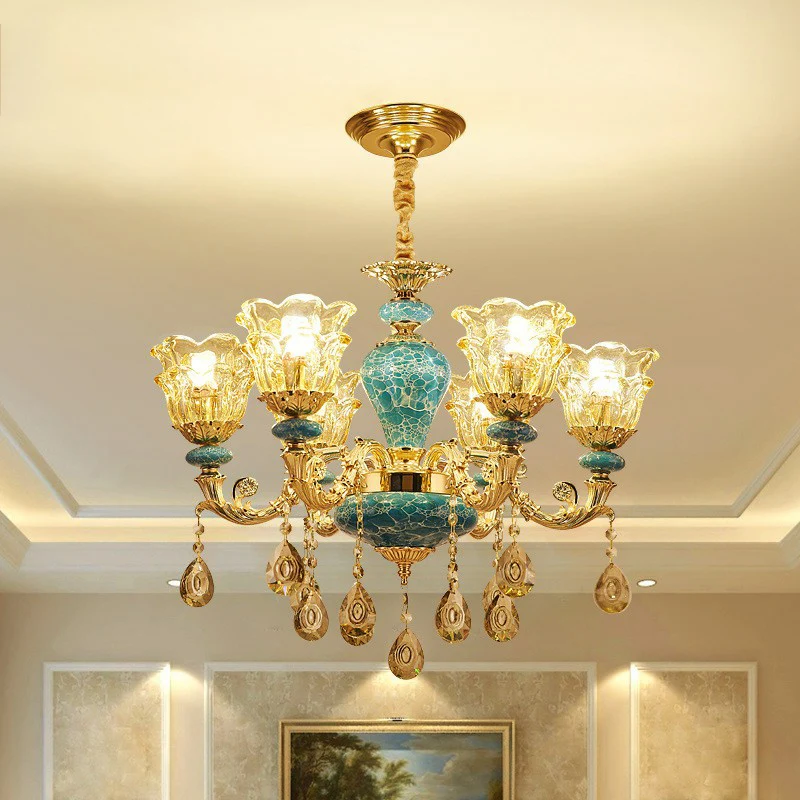 Luxurious Traditional Flower Up Chandelier Clear Glaswerk Suspension Light Blue Crystal Drops Blue