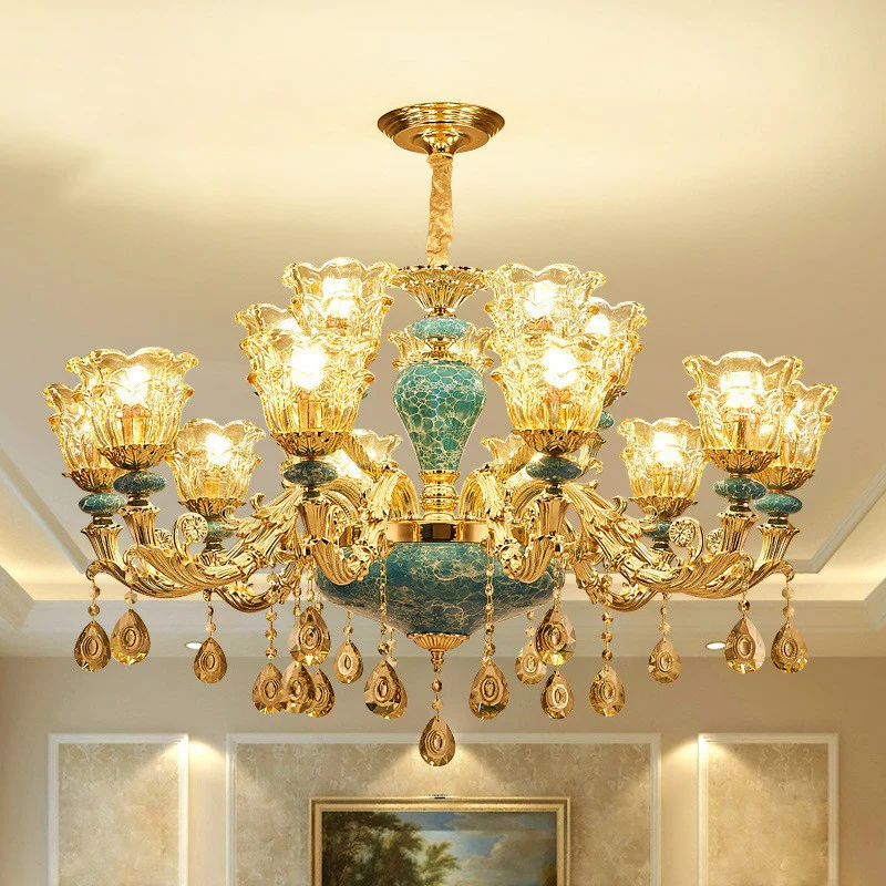 Luxurious Traditional Flower Up Chandelier Clear Glaswerk Suspension Light Blue Crystal Drops Blue