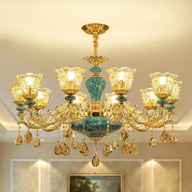 Luxurious Traditional Flower Up Chandelier Clear Glaswerk Suspension Light Blue Crystal Drops Blue