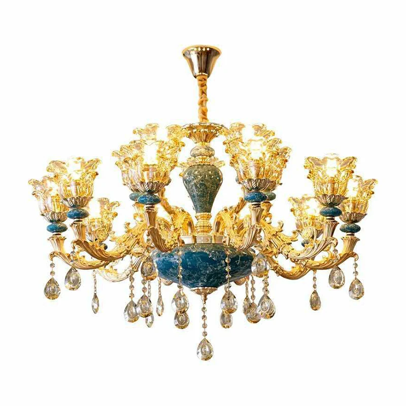 Luxurious Traditional Flower Up Chandelier Clear Glaswerk Suspension Light Blue Crystal Drops Blue