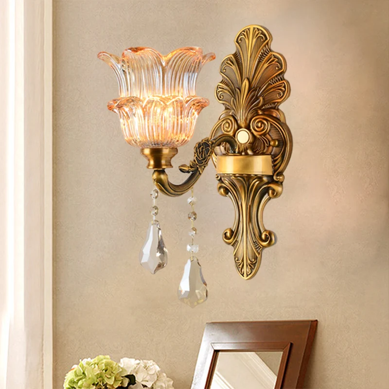 Messing 1/2-Head Sconce Lighting Mid Century Clear Crystal Glass Flower Shade Wall Lamp Brass
