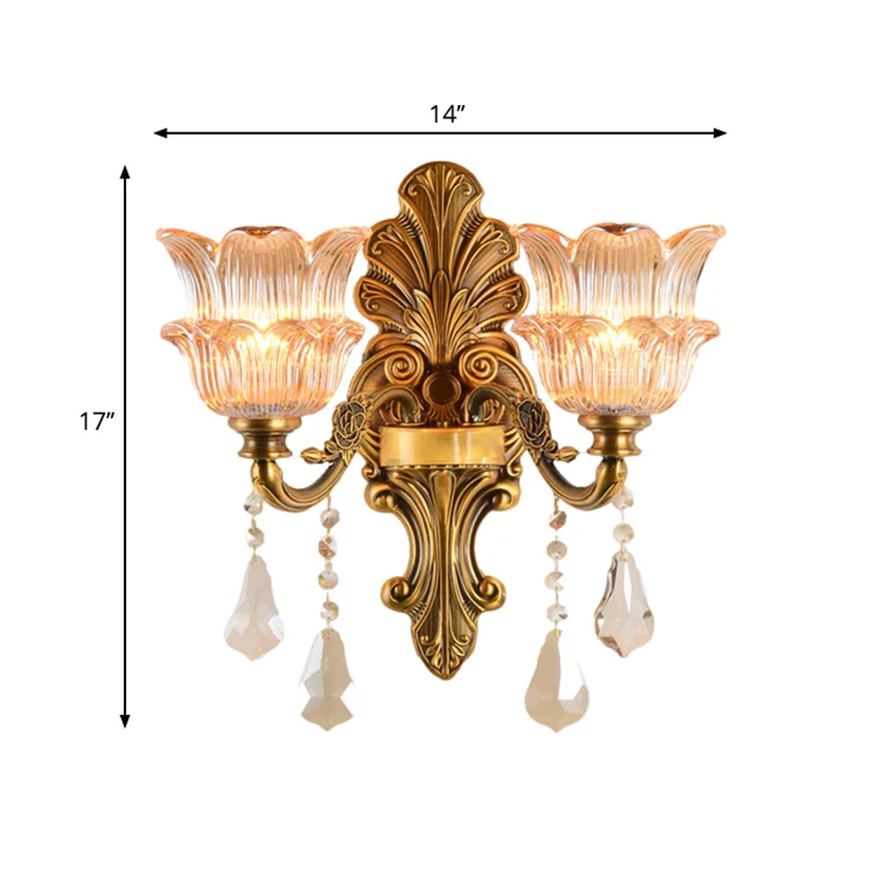 Messing 1/2-Head Sconce Lighting Mid Century Clear Crystal Glass Flower Shade Wall Lamp Brass
