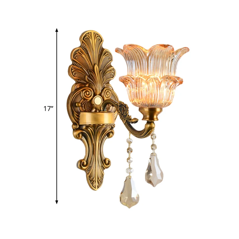 Messing 1/2-Head Sconce Lighting Mid Century Clear Crystal Glass Flower Shade Wall Lamp Brass
