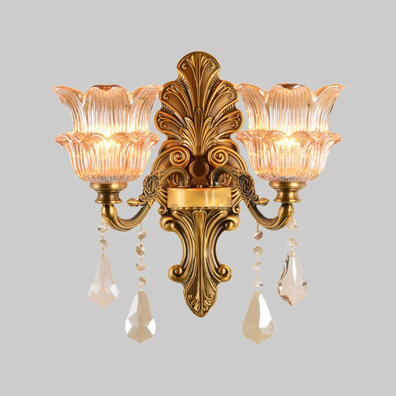 Messing 1/2-Head Sconce Lighting Mid Century Clear Crystal Glass Flower Shade Wall Lamp Brass