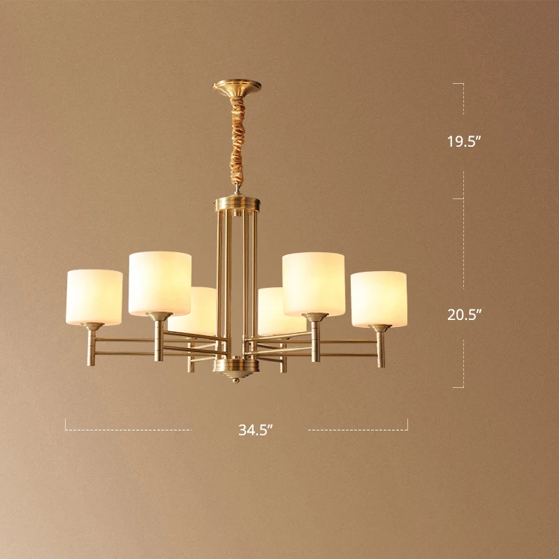 Messing Cylindrical Pendant Lighting Traditional White Glass Living Room Chandelier Lamp Brass