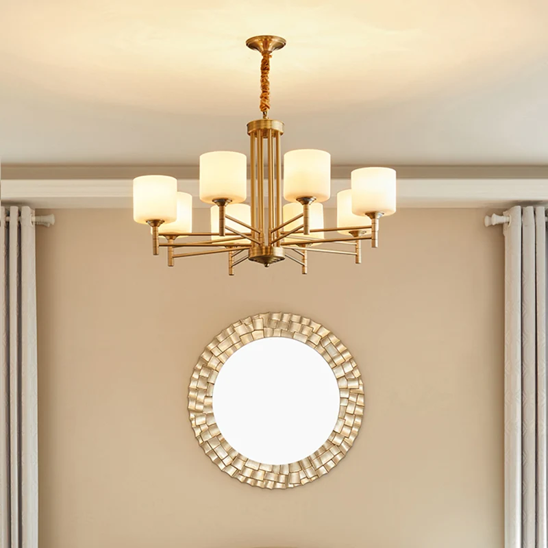 Messing Cylindrical Pendant Lighting Traditional White Glass Living Room Chandelier Lamp Brass