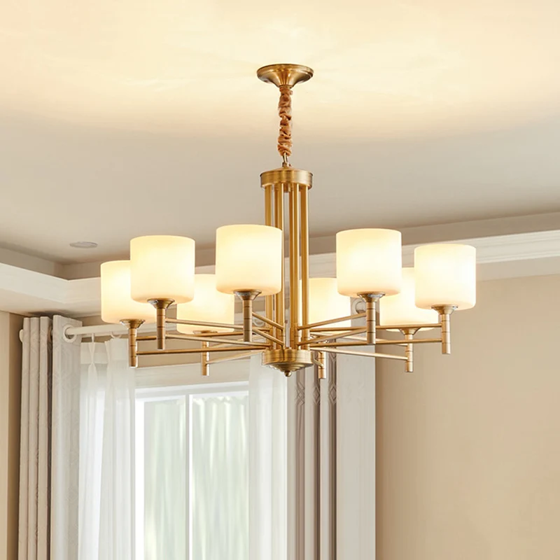 Messing Cylindrical Pendant Lighting Traditional White Glass Living Room Chandelier Lamp Brass