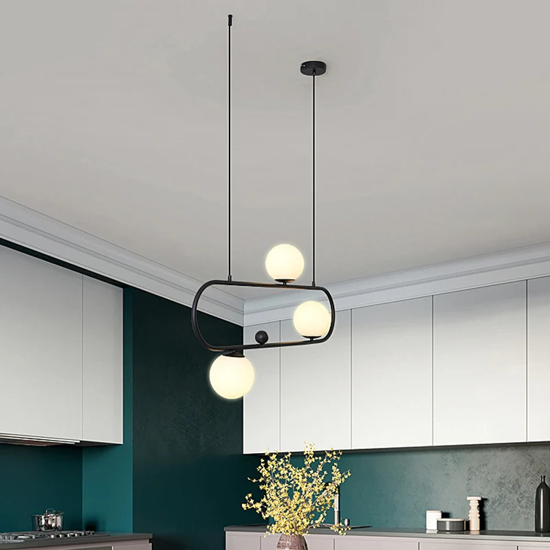 Metal Oblong Island Light Fixture Minimalist Suspension Lighting Ball Milk Glazen Shade Black