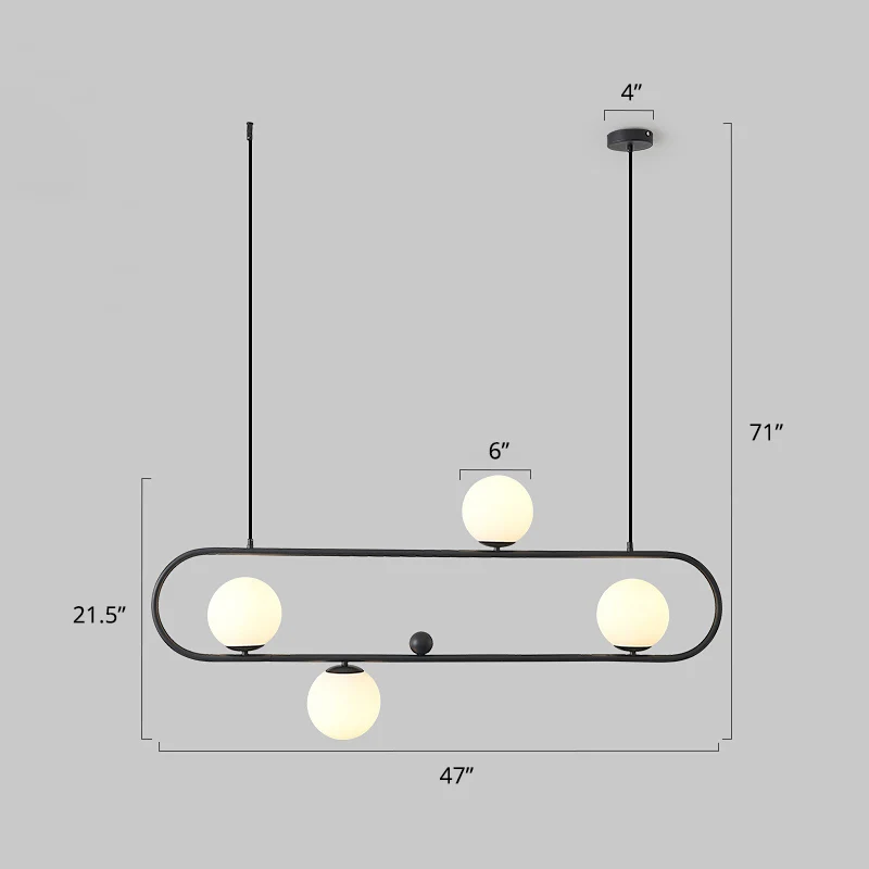 Metal Oblong Island Light Fixture Minimalistisch Suspension Lighting Ball Milk Glass Shade Black