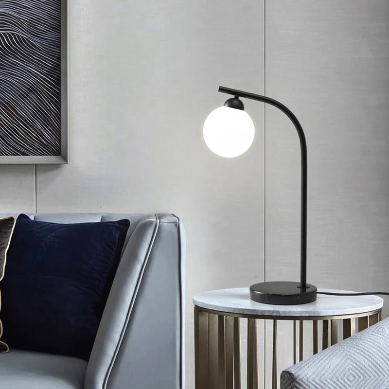 Minimalist Ball Shade Table Light Ivory Glazen 1 Head Bedside Night Lam Black/Gold Bended Stand Black