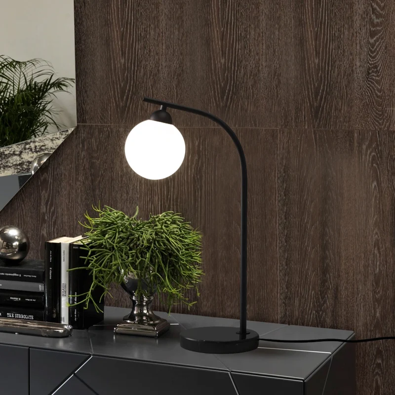 Minimalist Ball Shade Table Light Ivory Glazen 1 Head Bedside Night Lam Black/Gold Bended Stand Black