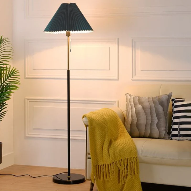 Minimalist Cone Shade Standing Light Pleated Fabric Los Living Room Pull Chain Floor Lighting White