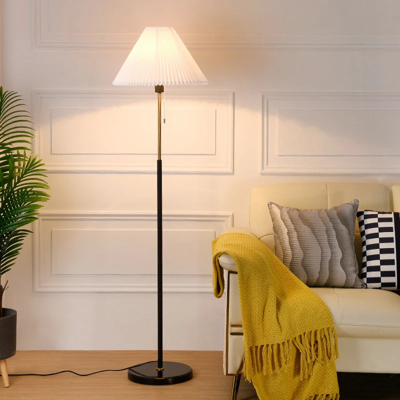 Minimalist Cone Shade Standing Light Pleated Fabric Los Living Room Pull Chain Floor Lighting White