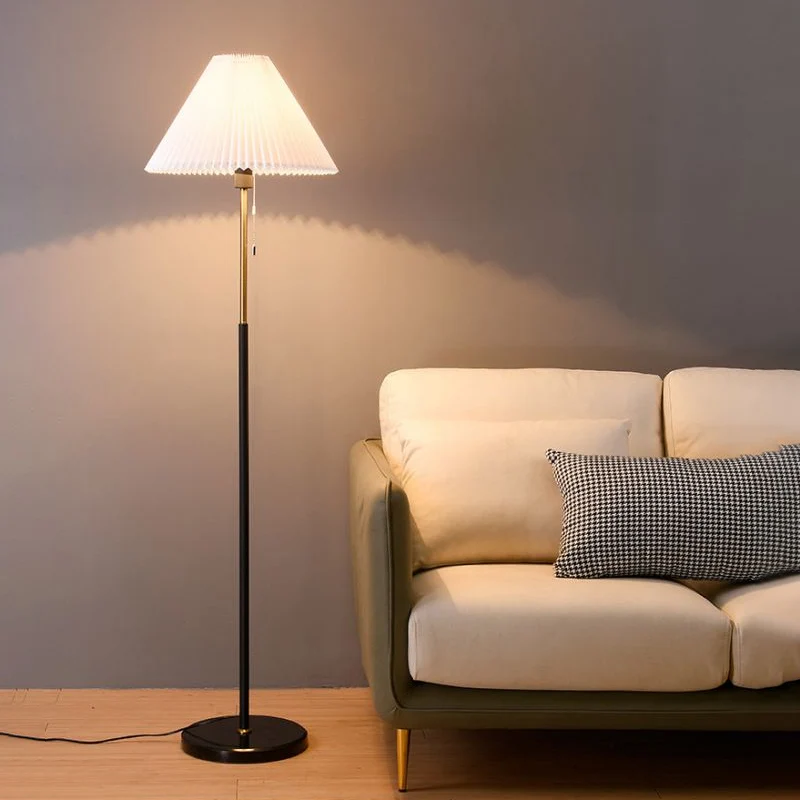 Minimalist Cone Shade Standing Light Pleated Fabric Los Living Room Pull Chain Floor Lighting White