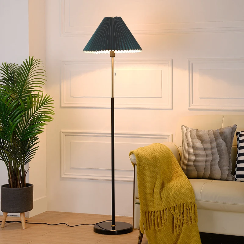Minimalist Cone Shade Standing Light Pleated Fabric Los Living Room Pull Chain Floor Lighting White