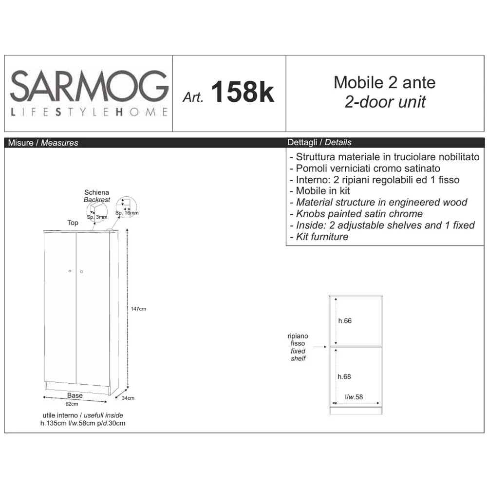Mobile wardrobe 2 doors and 3 shelves chroom handle cm light elm finish Sarmog