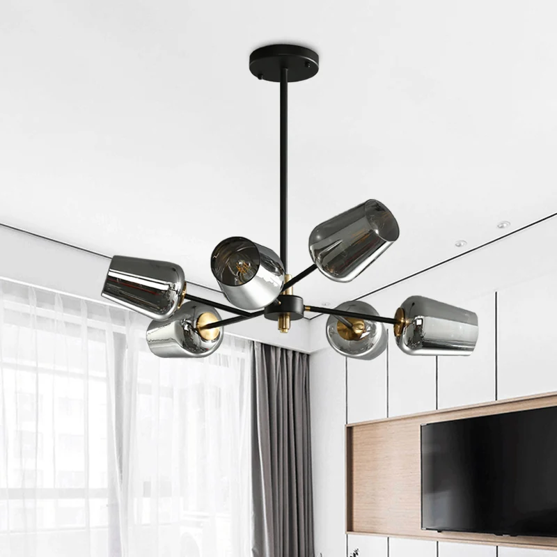 Modern Cup Shaped Chandelier Lighting Clear/Smoke Gray Glass 6/9 Lights Bedroom Radial Suspension Lamp Ebbenhout Clear