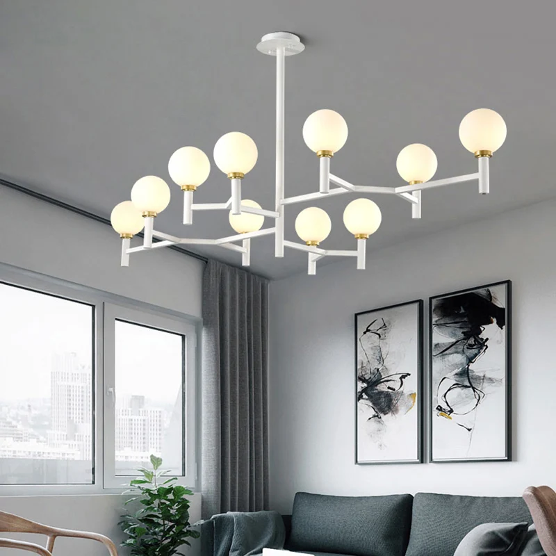 Modern Orbit Chandelier Pendant Ivoor Glass 10-Head Living Room Island Light Black/White/Gold Black