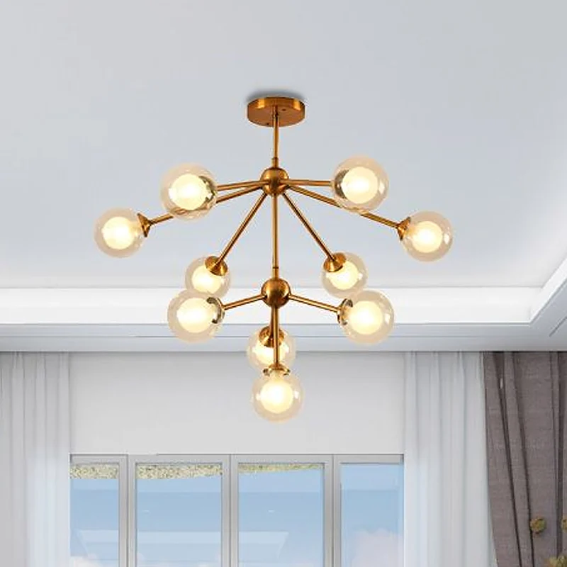 Modern Sputnik Metal Chandelier Lighting 4/7/10 Lights Hanging Ceiling Lamp Clear Glazen Sphere Shade Bedroom Gold