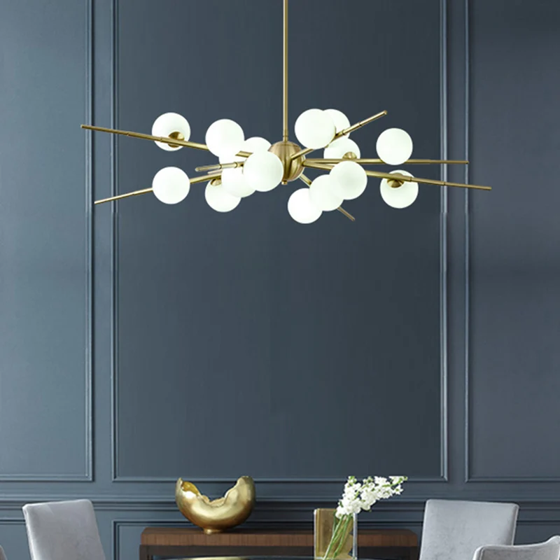 Modern Starburst Hanging Chandelier Light Opal Glazen Shade Ceiling Chandelier Living Room Black
